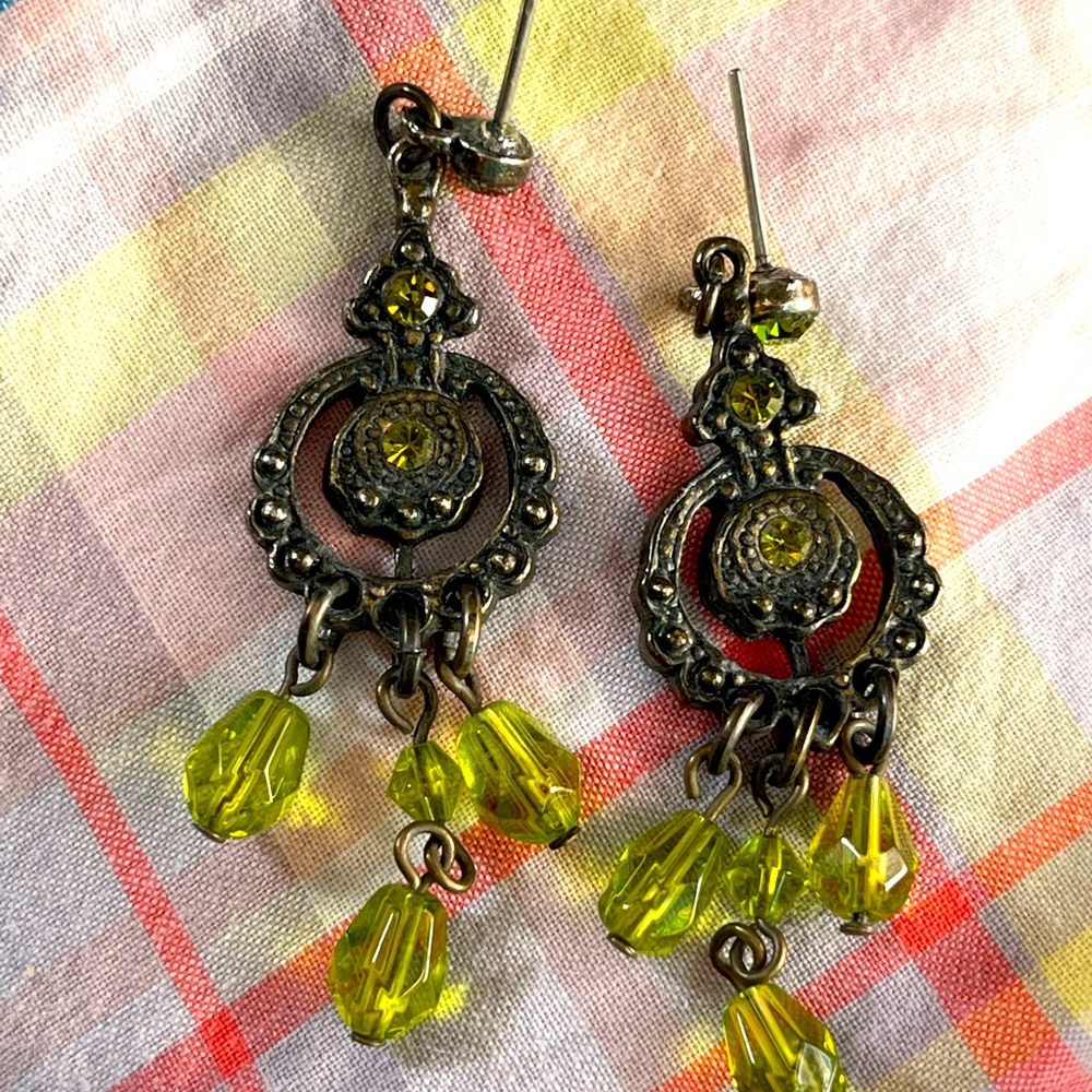 Vintage Green Crystal Earring Antiqued Finish